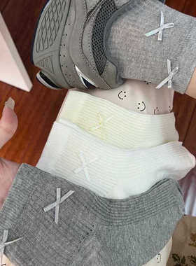 蝴蝶结袜子女中筒夏季薄款网眼透气纯棉日系灰色夏天白色短筒短袜