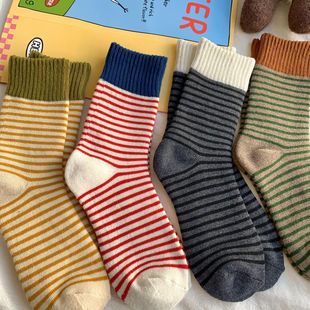美拉德条纹加厚毛圈袜子女ins东大门撞色罗口条纹袜秋冬季 堆堆袜