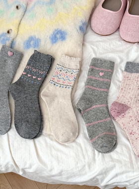 灰粉系费尔岛系列~韩系学院风加厚保暖中筒袜女格雷系百搭堆堆袜