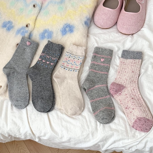 灰粉系费尔岛系列 韩系学院风加厚保暖中筒袜女格雷系百搭堆堆袜