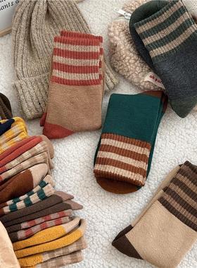 秋冬季加绒加厚毛巾袜条纹美拉德保暖冬天长袜秋冬款中筒棉袜子女