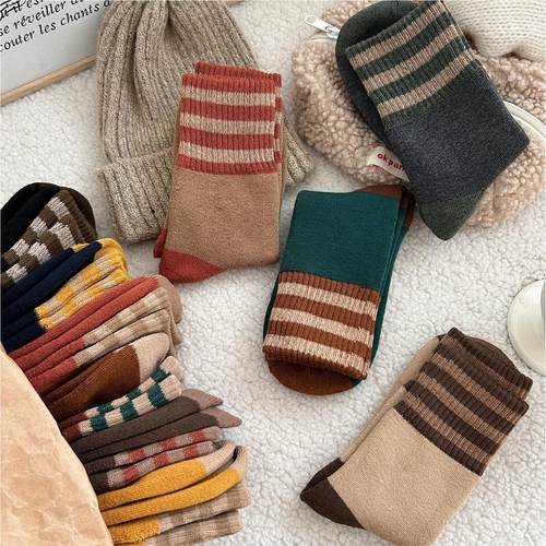 加厚条纹中筒袜纯棉加绒保暖