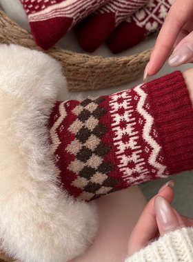 复古本命年大红色长袜红袜子女款费尔岛羊毛中筒袜秋冬季加厚保暖