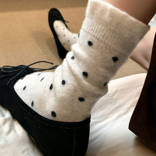 羊毛抽褶ins波点中筒袜女甜美气质堆堆袜学院秋冬加厚保暖花边袜