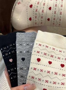 费尔岛系列爱心袜子女中筒袜春秋纯棉透气ins潮秋天韩版女生长袜