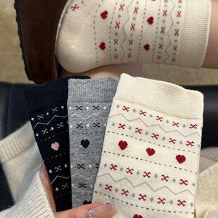 费尔岛系列爱心袜子女中筒袜春秋纯棉透气ins潮秋天韩版 女生长袜