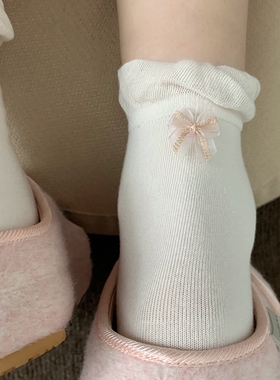 ins风花边蝴蝶结无骨袜子女中筒袜春夏纯棉日系少女百搭芭蕾风袜