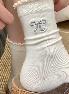 白色花边蝴蝶结袜子女春秋纯色中筒袜韩系少女显瘦ins甜系堆堆袜