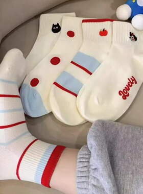 纯棉春夏季薄款日系卡通条纹中筒袜可爱刺绣白色袜子女短袜ins潮