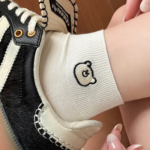 薄款 可爱小熊刺绣中筒袜夏天白色袜子女纯棉无骨短筒袜夏季 ins潮