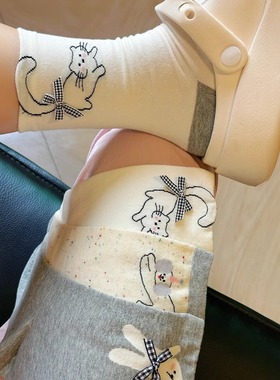 可爱袜子女夏季薄款蝴蝶结中筒袜日系波点堆堆袜纯棉小狗灰色长袜
