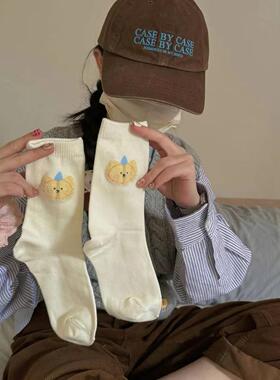 可爱植绒白色袜子女中筒袜ins潮棉质春秋款日系卡通学生秋天长袜