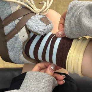 小众设计师条纹双层袜口叠穿中筒袜多巴胺撞色小腿堆堆袜春秋新款