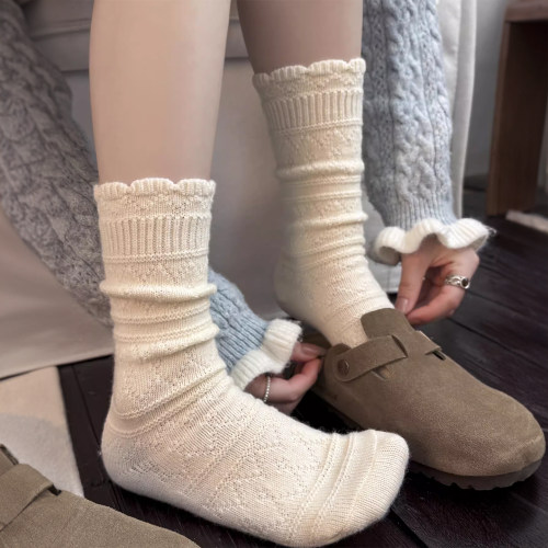 羊毛质感miu系袜子女奶白花边显瘦学院风秋冬季保暖堆堆中筒袜厚