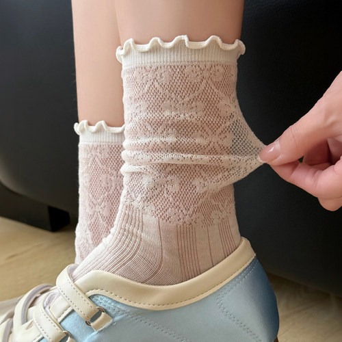 云感木耳边~轻奢镂空肌理袜桑蚕丝花边堆堆袜子女夏季薄款中筒袜