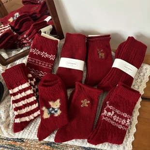 本命年红色中筒袜女秋冬加厚保暖羊毛圣诞袜雪花麋鹿图案堆堆袜子