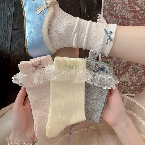 夏季甜美蕾丝蝴蝶结纯棉中筒袜