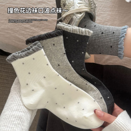 韩系波点袜子女春秋中筒袜纯棉撞色花边miu系短筒袜春季配勃肯鞋