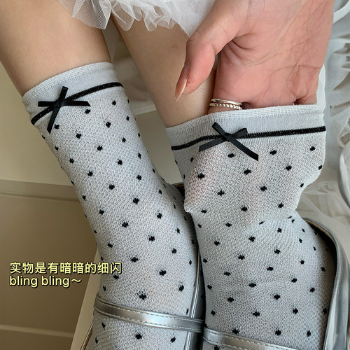 春夏薄款波点蝴蝶结中筒袜女透气