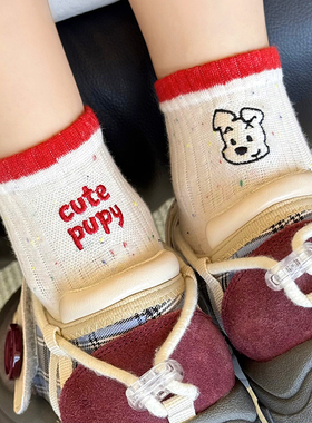 春夏季薄款白色小狗袜子女短筒袜纯棉可爱日系ins潮2026新款爆款