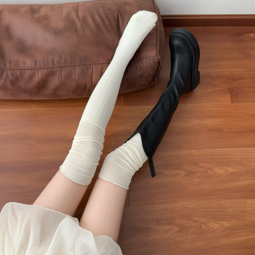 奶白色袜子女小腿袜过膝袜夏季薄款甜美风少女jk竖条纹拼接堆堆袜