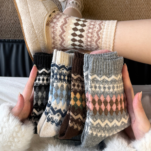 费尔岛羊毛袜子女秋冬民族风jk中筒堆堆袜加厚保暖复古百搭长袜