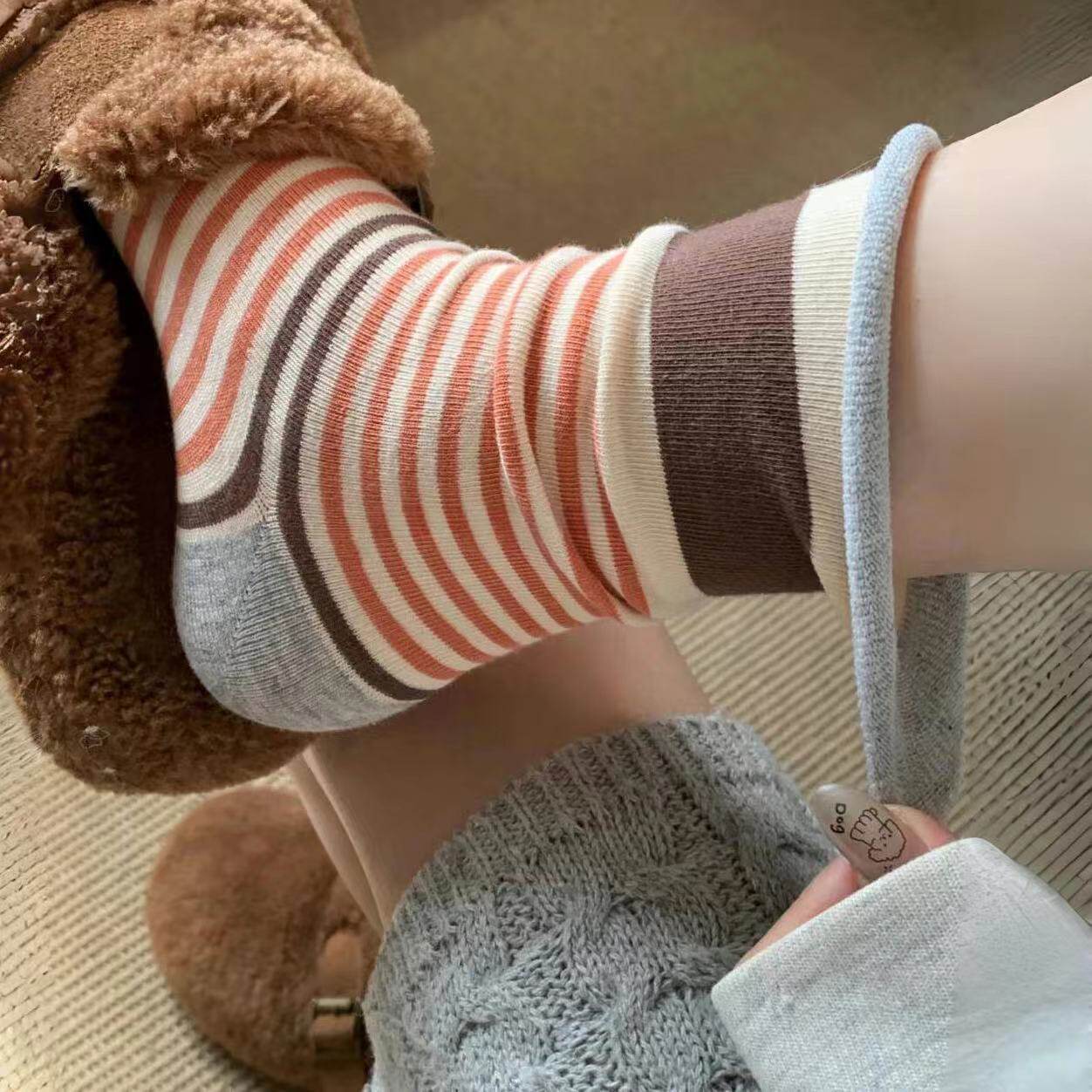 多巴胺日系条纹~百搭卷边无骨堆堆袜春秋款ins潮秋冬棉质月子袜