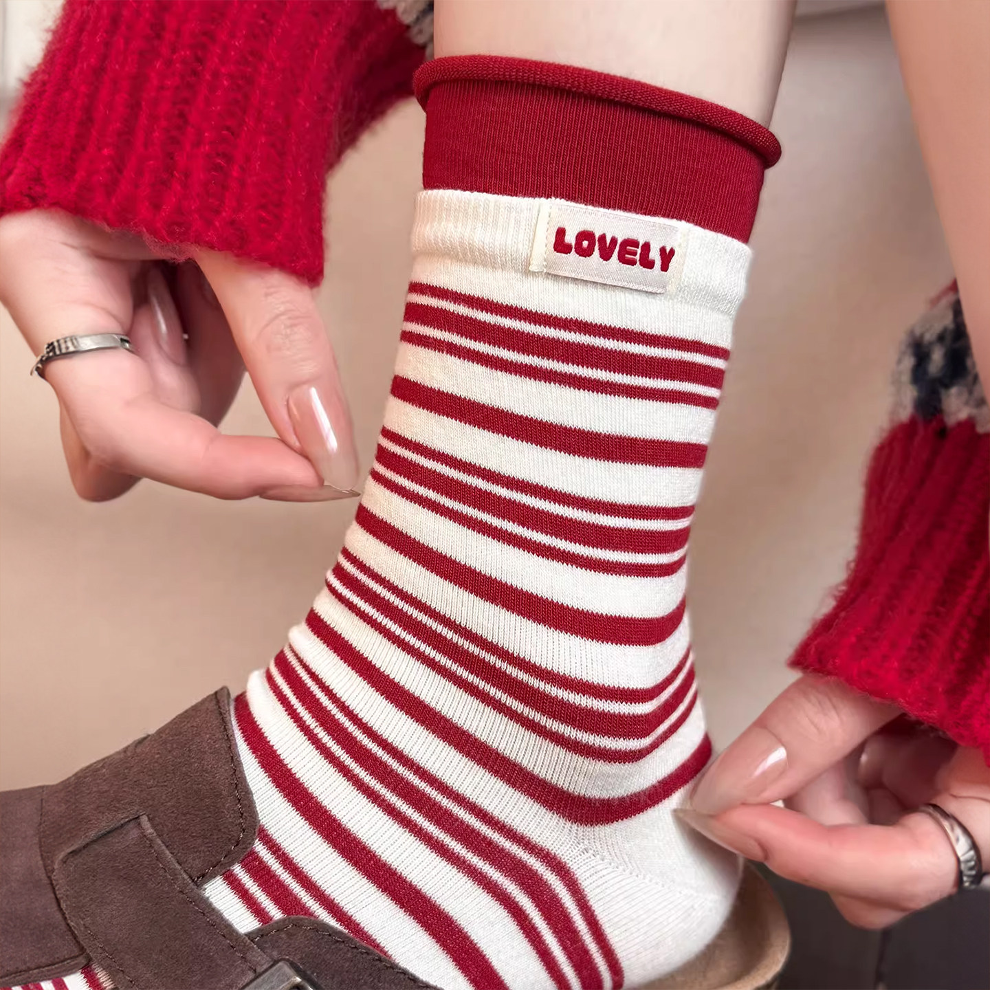 蝴蝶结条纹新年红袜子女纯棉中筒袜秋冬日系花边马年本命年大红袜,女士内衣/男士内衣/家居服,中筒袜,淘宝优惠券,粉丝福利购,淘宝优惠卷