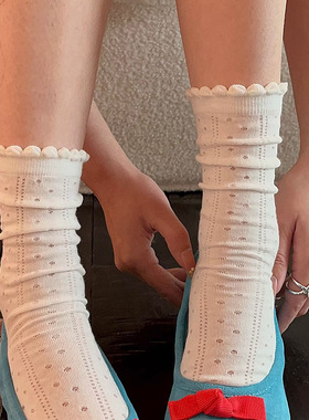 玛丽珍木耳花边圆点蕾丝袜子女短筒薄款白色堆堆袜搭配小皮鞋春夏