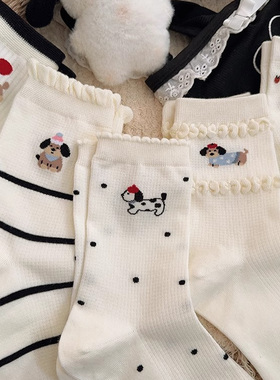 小狗白色袜子女中筒袜ins潮纯棉可爱卡通学生春夏季薄款透气长袜