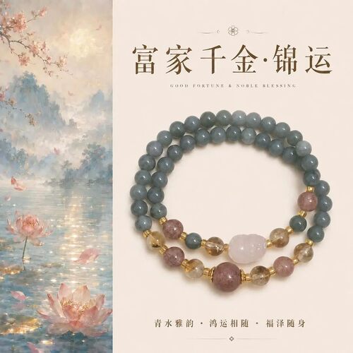 手链 【富家千金.锦运】手链蓝水F翠新中式原创粉水貔貅手串