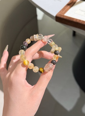 伊能静同款水晶手串黑金超随型虎眼石金发晶绿幽灵多宝手链