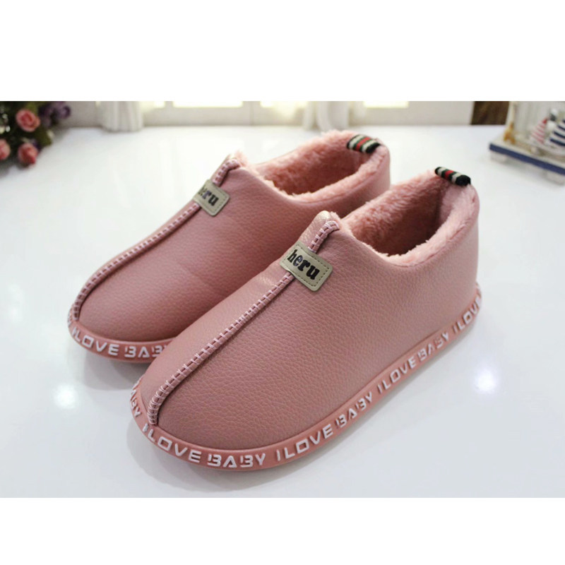 冬季棉窝女包跟防滑PU皮防水情侣保暖棉拖鞋男休闲加绒室内外棉鞋