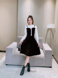 【豆豆家】女士2022年冬季新款韩版气质收腰时尚拼接中长款连衣裙
