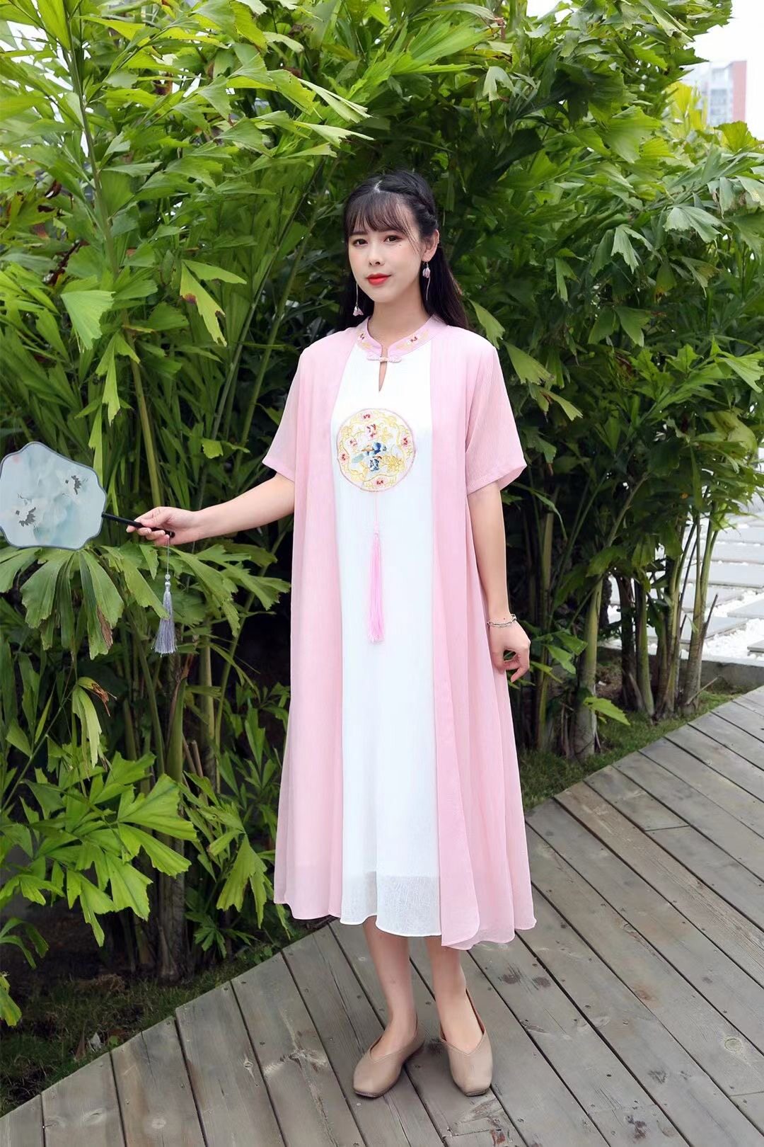 【豆豆家特价】女士夏季新款中国风复古舒适假两件棉麻连衣长裙