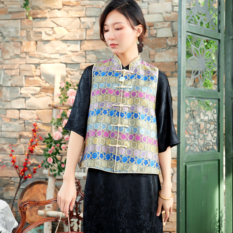 jcl1039传统龟背纹仿宋锦中式复古马甲坎肩洋气国风马褂四季可穿