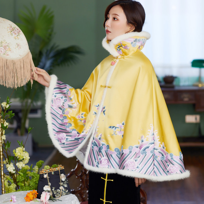 cpp1051海水江崖纹刺绣凤仙领重工绣花斗篷复古绣花加棉披肩秋冬