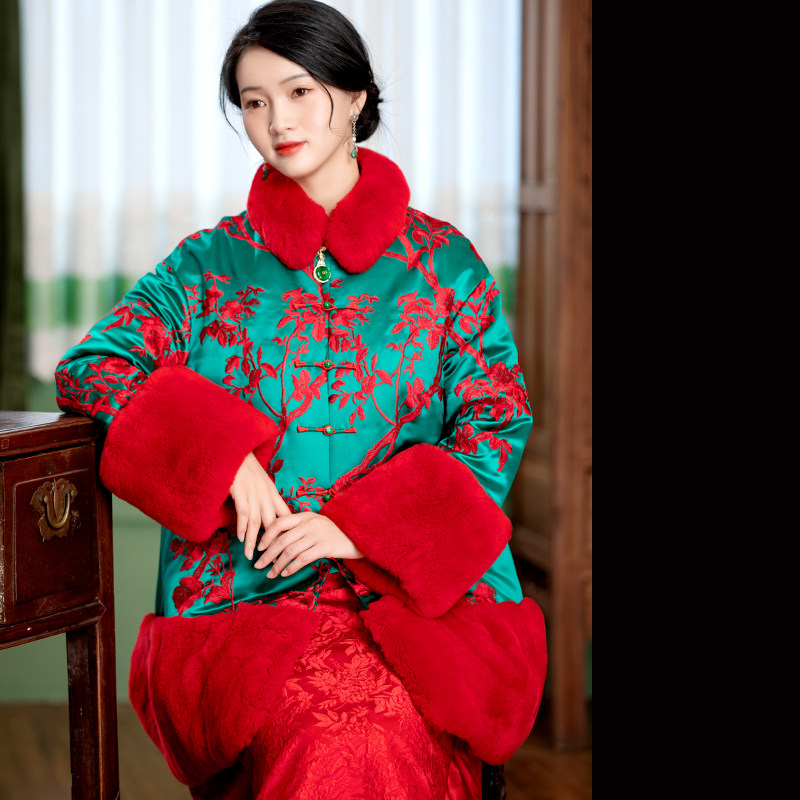 cpp1091真丝素库缎对襟复古刺绣棉袄中式绣花小袄大衣外套秋冬女