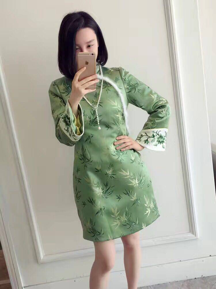 pcy080织锦缎马蹄袖中式绣花改良中式旗袍棉服连衣裙女秋冬复古