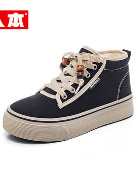 人本28156D加绒帆布鞋女款新款秋冬高帮棉鞋大头厚底休闲棉靴