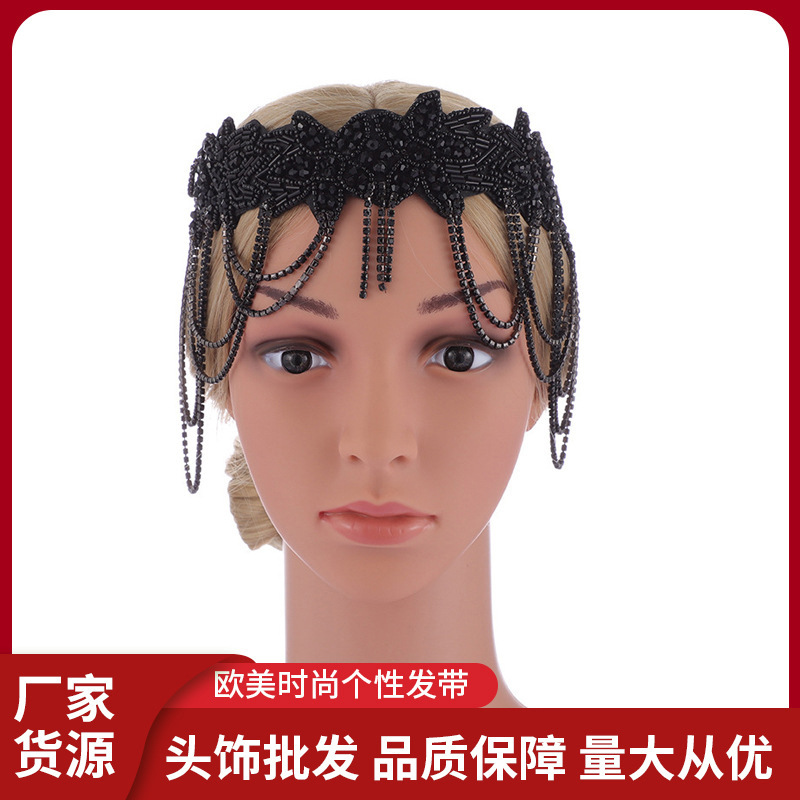 欧美复古发带高端轻奢镶钻发带新娘宴会额前串珠流苏头饰批发