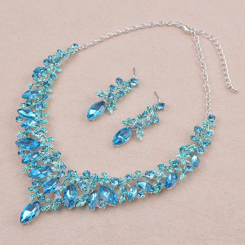跨境站热销爆款新娘结婚项链耳环欧美夸张奢华水钻宝石套链工厂