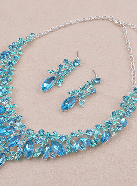 跨境站热销爆款新娘结婚项链耳环欧美夸张奢华水钻宝石套链工厂