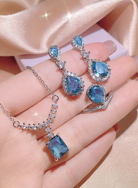 外贸跨境精美首饰嵌蓝色水滴钻项链女耳钉戒指三件套饰品吊坠批发