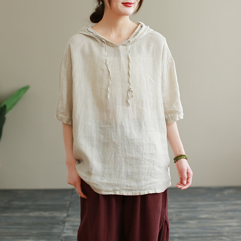 木染出2021夏装新款亚麻连帽卫衣女宽松大码休闲文艺棉麻短袖t恤