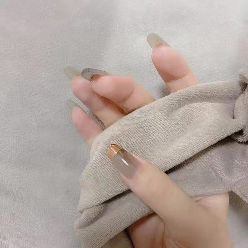 跨境欧美热销款美甲穿戴甲法式金边晕染灰色甲片成品指甲