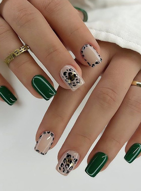 新款短款方形豹纹穿戴甲片绿色裸色美甲穿戴式甲片press on nai