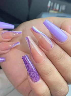紫色闪粉纯色美甲长芭蕾简约穿戴甲跨境press on nails甲片