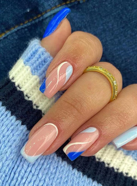 穿戴式指甲片蓝色法式白色波浪美甲片成品可拆卸press on nails