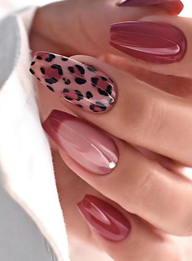 红色纯色美甲法式可重复甲片秋冬新品豹纹穿戴甲假指甲fake